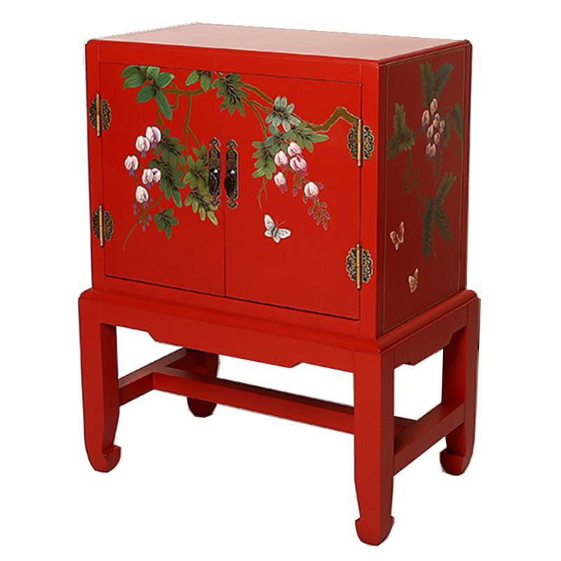 Красная Тумба в Китайском Стиле ручная роспись Бабочки и Ветвь Butterflies and Branch Nightstand Красный в Челябинске | Loft Concept 