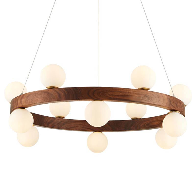 Люстра из дерева с белыми плафонами GRAND Wooden Chandelier Белое матовое стекло Коричневый Латунь Люстра из дерева с белыми плафонами GRAND Wooden Chandelier Белое матовое стекло Коричневый Латунь в Челябинске | Loft Concept