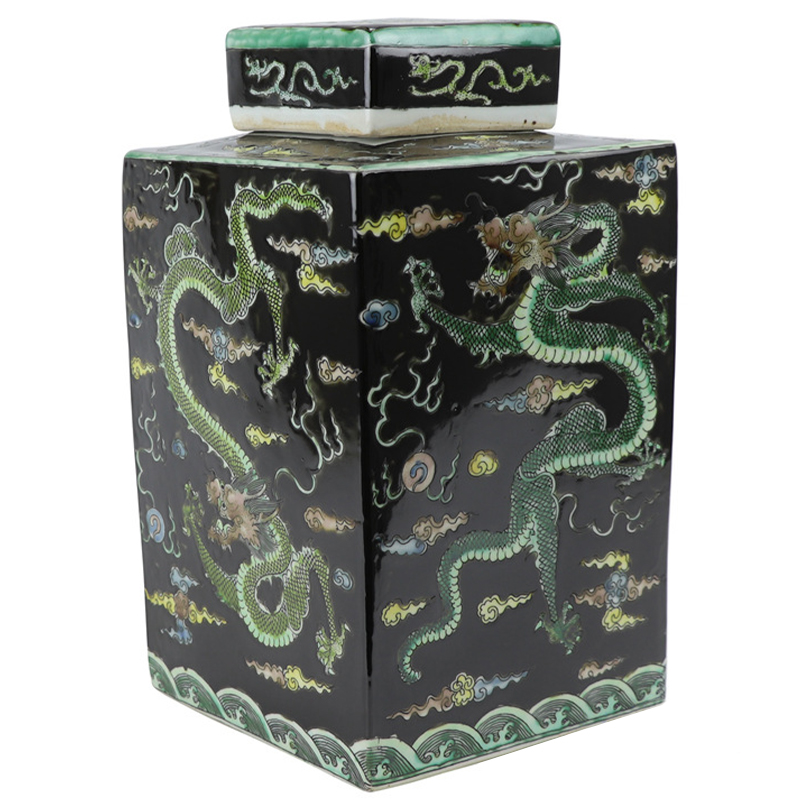 Ваза с крышкой квадратная Green Dragon Black Vase Черный Зеленый Желтый Светло-синий Ваза с крышкой квадратная Green Dragon Black Vase Черный Зеленый Желтый Светло-синий в Челябинске | Loft Concept
