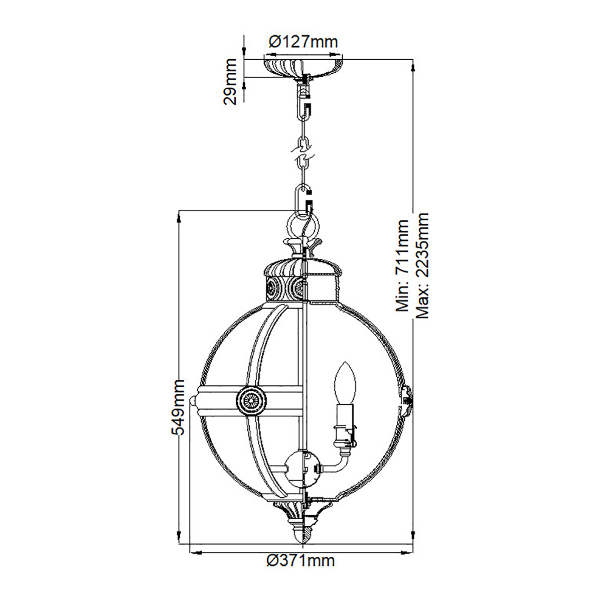 Подвесной светильник с прозрачным стеклянным плафоном в форме шара цвета никеля в индустриальном стиле на цепи 3 лампы Feiss в Челябинске