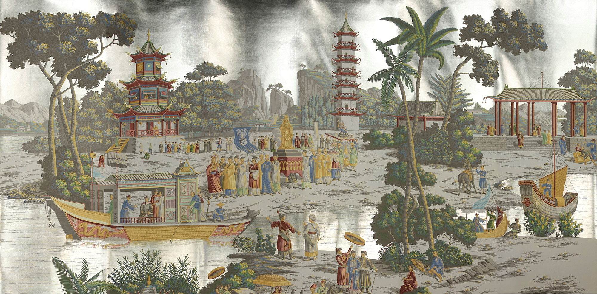 Обои ручная роспись Procession Chinoise Special Colourway on White Metal gilded paper Обои ручная роспись Procession Chinoise Special Colourway on White Metal gilded paper - постер Loft-Concept в Челябинске