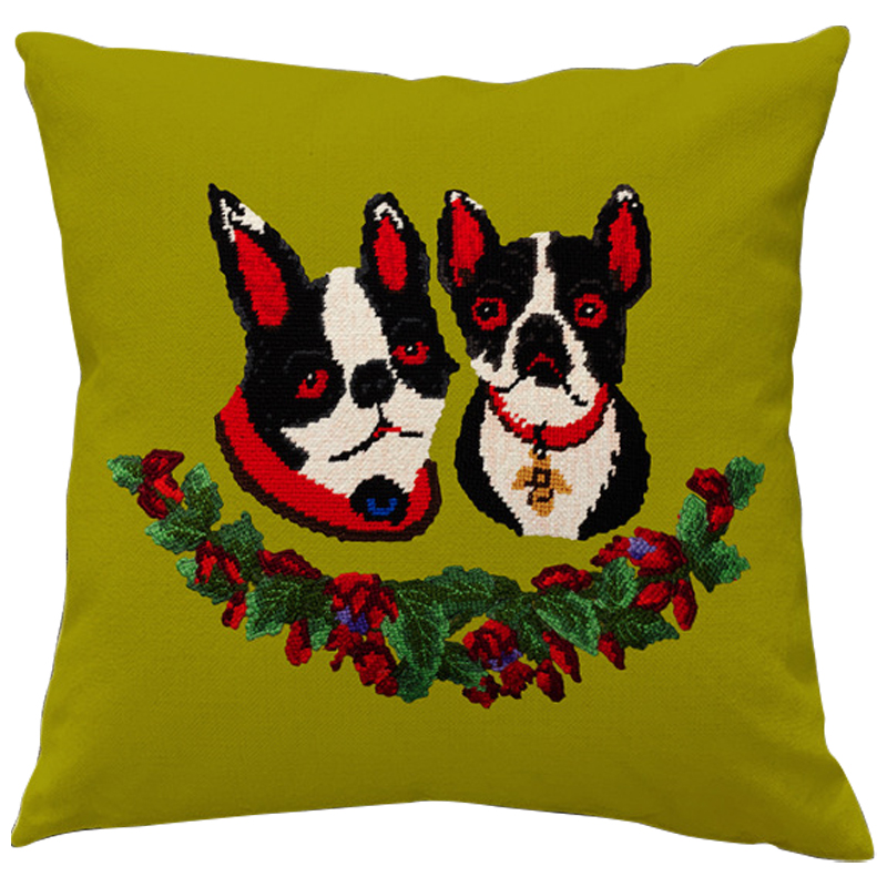 Декоративная подушка Стиль Gucci Two Dogs Green Мульти Зеленый в Челябинске | Loft Concept 