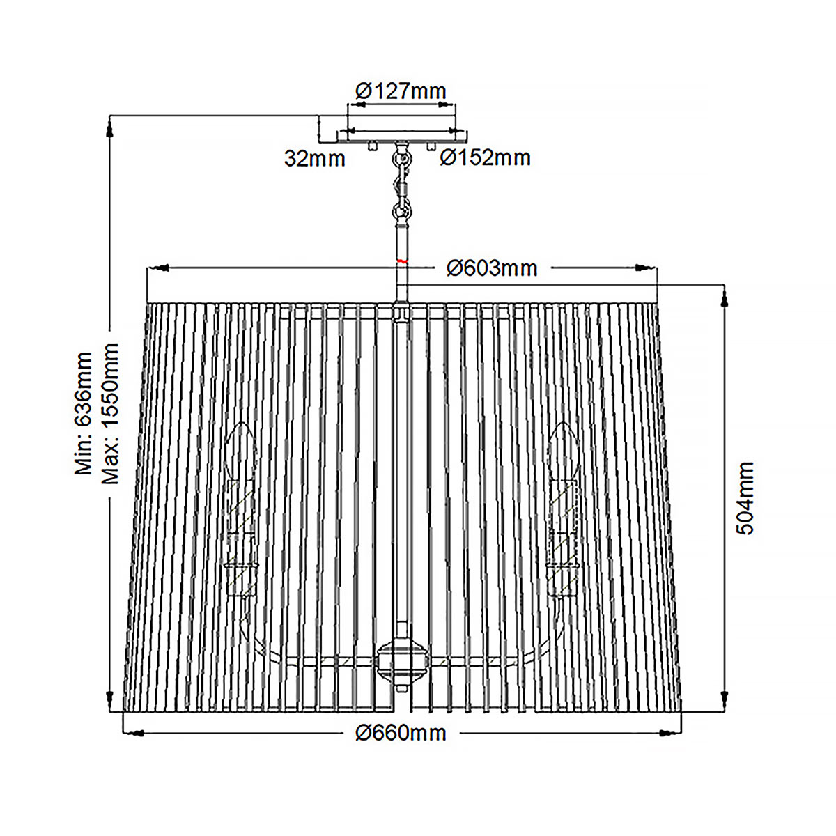 Люстра цвета латунь с 6-ю лампами свечами внутри цилиндрического абажура из черных металлических реек Kichler в Челябинске