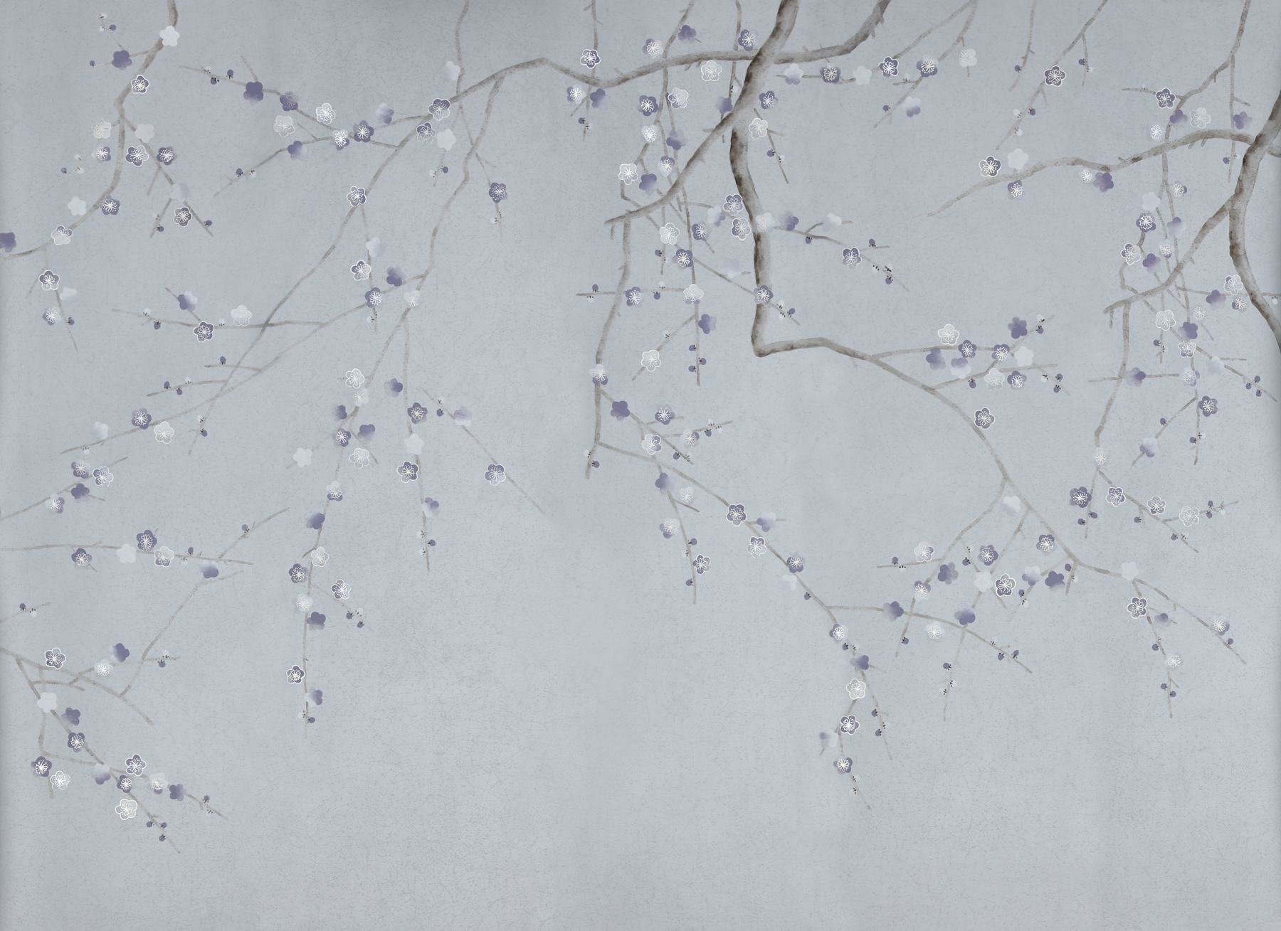 Обои ручная роспись Plum Blossom Special Colourway on Crackled Silver metallic silk Обои ручная роспись Plum Blossom Special Colourway on Crackled Silver metallic silk - постер Loft-Concept в Челябинске