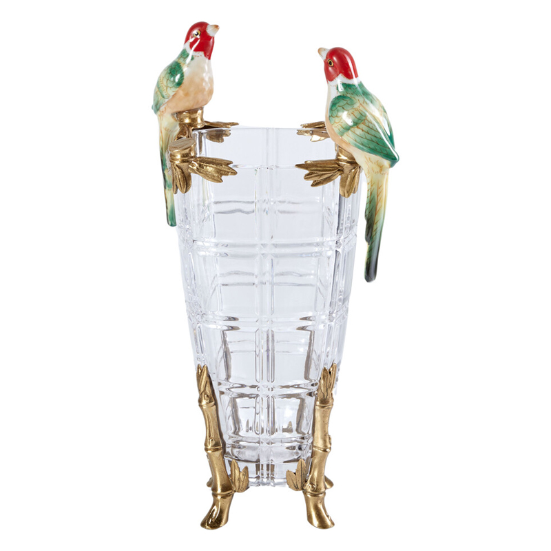 Ваза из прозрачного стекла с бронзовыми ножками и фигурками попугаев Eden Garden porcelain and bronze Прозрачное Стекло Бронза Мульти Ваза из прозрачного стекла с бронзовыми ножками и фигурками попугаев Eden Garden porcelain and bronze Прозрачное Стекло Бронза Мульти в Челябинске | Loft Concept