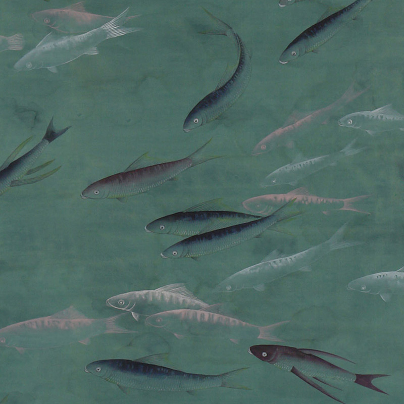 Обои ручная роспись Fishes Special Colourway on blue green painted silk with antiquing Обои ручная роспись Fishes Special Colourway on blue green painted silk with antiquing в Челябинске | Loft Concept