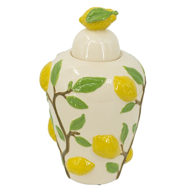 Ваза с крышкой кремового цвета и объемным рисунком лимонов и листьев Lemon Delight Кремовый Желтый Коричневый Зеленый Ваза с крышкой кремового цвета и объемным рисунком лимонов и листьев Lemon Delight Кремовый Желтый Коричневый Зеленый в Челябинске | Loft Concept