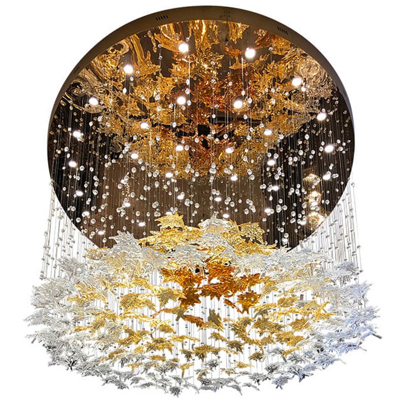 Большая круглая люстра с подвесками в виде листьев Amber Leaf Fall Light Chandelier Латунь Прозрачный Янтарный Большая круглая люстра с подвесками в виде листьев Amber Leaf Fall Light Chandelier Латунь Прозрачный Янтарный в Челябинске | Loft Concept