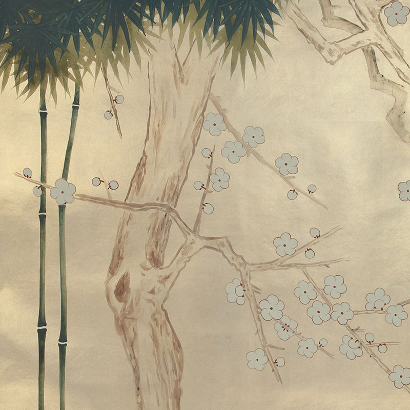 Обои ручная роспись Bamboo River Blossom Original colourway on Brushed Gold gilded paper  в Челябинске | Loft Concept 