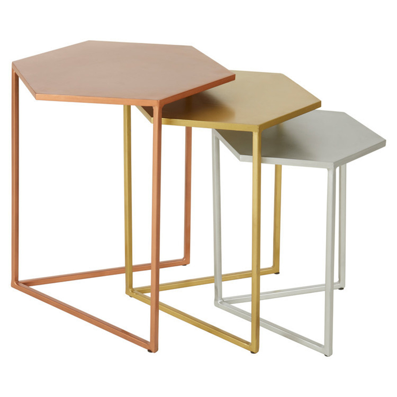 Комплект из 3-х приставных столиков Trio Hexagon Side Tables Медь Золотой Серебряный Комплект из 3-х приставных столиков Trio Hexagon Side Tables Медь Золотой Серебряный в Челябинске | Loft Concept
