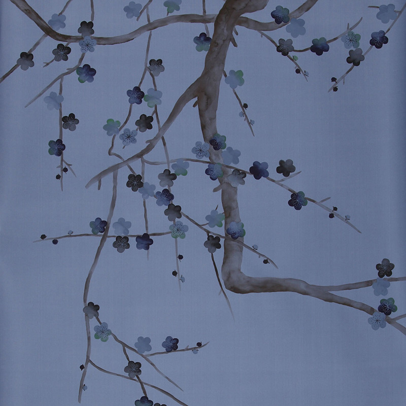 Обои ручная роспись Plum Blossom Special Colourway on Sky Blue dyed silk  в Челябинске | Loft Concept 