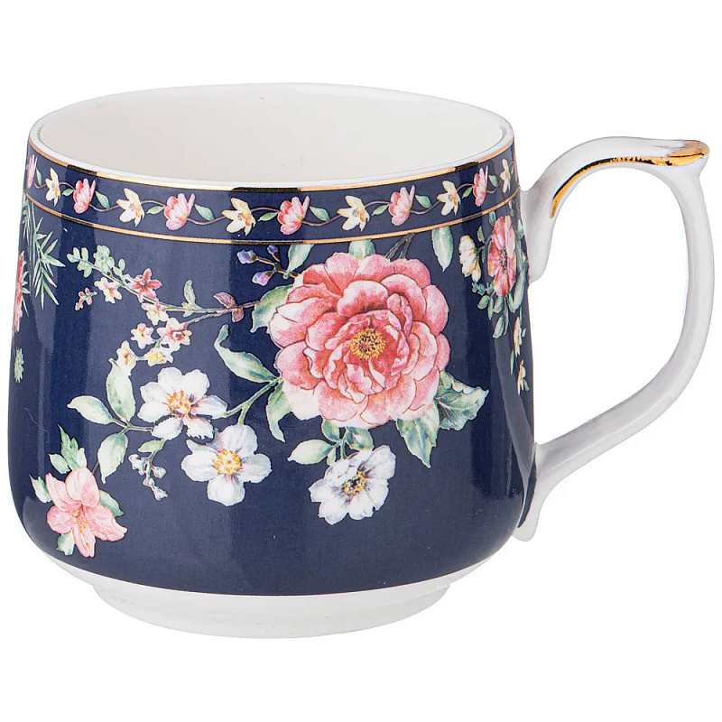 Кружка фарфоровая синяя с цветочным принтом 470 мл Flower Porcelain Collection Синий Мульти Кружка фарфоровая синяя с цветочным принтом 470 мл Flower Porcelain Collection Синий Мульти в Челябинске | Loft Concept