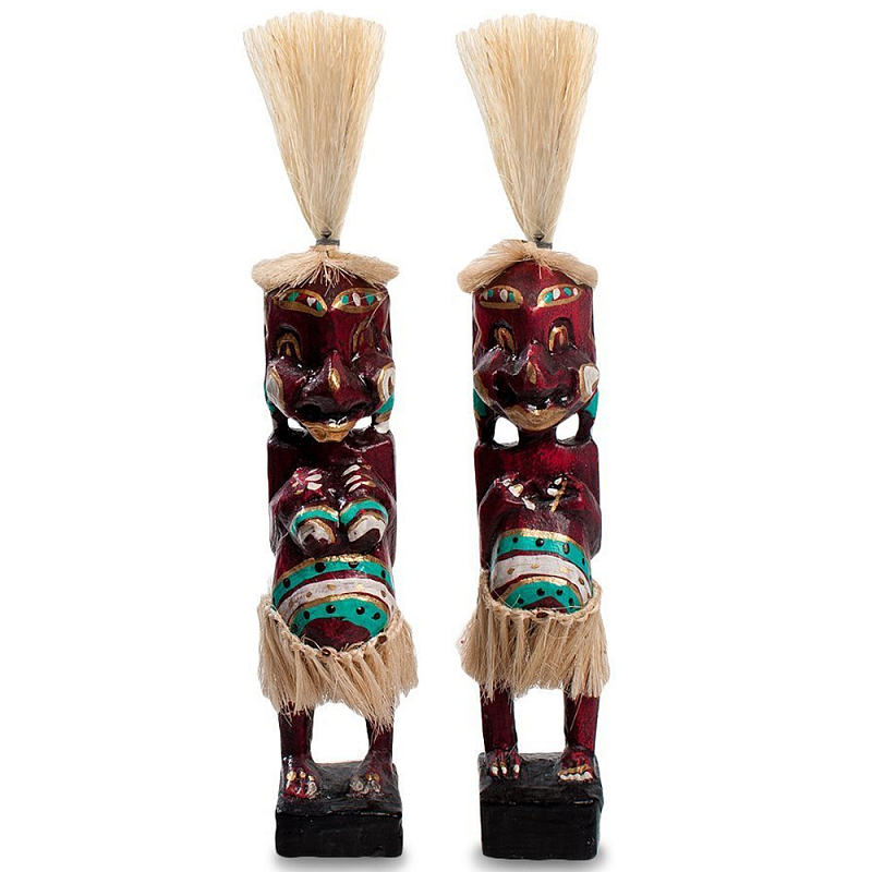 Комплект из 2-х деревянных статуэток Asmat Straw Headdress Statuettes Red Turquoise Tattoo Красный Бежевый Бирюзовый Белый в Челябинске | Loft Concept 