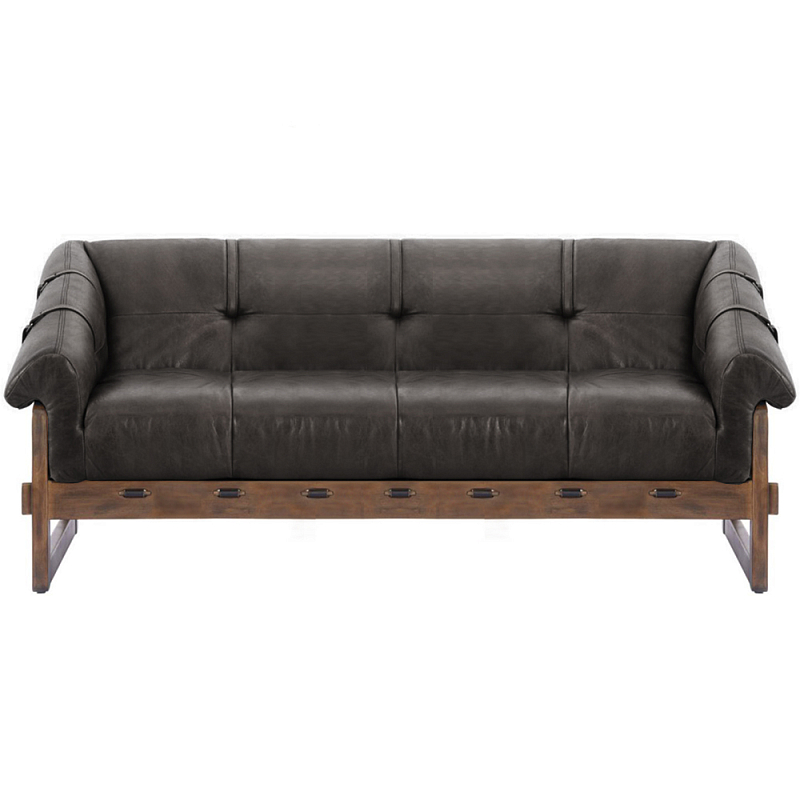 Трехместный диван Duncan винтажная черная кожа Черный Коричневый в Челябинске | Loft Concept 