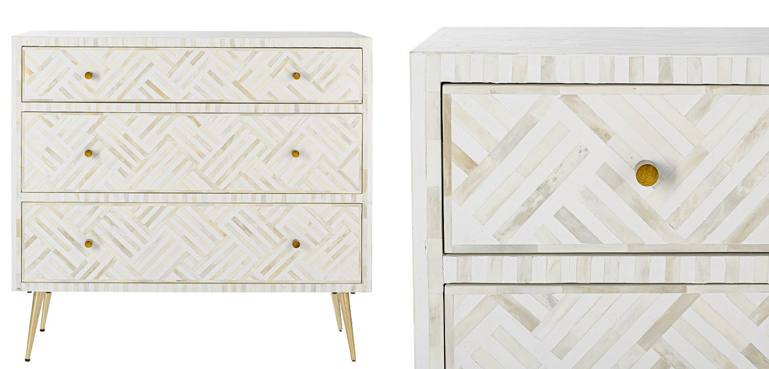 Комод инкрустация костью White Indian Bone Inlay 3 drawer Белый Комод инкрустация костью White Indian Bone Inlay 3 drawer Белый - Loft-Concept в Челябинске