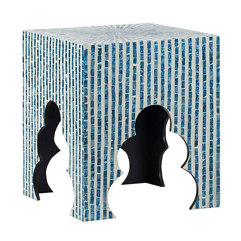 Приставной столик с инкрустацией раковинами устриц Bone Inlay Белый Синий в Челябинске | Loft Concept 