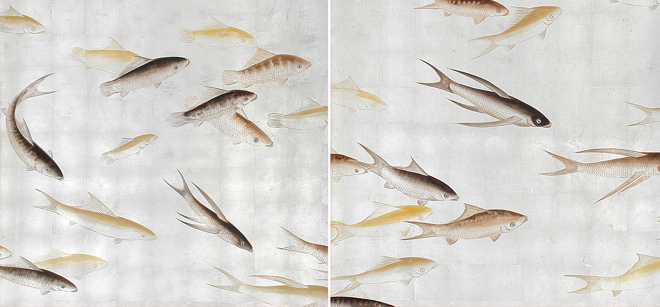 Обои ручная роспись Fishes Amber on Real Silver gilded silk Обои ручная роспись Fishes Amber on Real Silver gilded silk - Loft-Concept в Челябинске