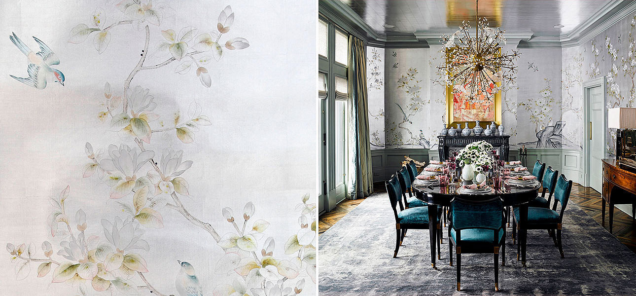 Обои ручная роспись Japanese Garden Special Colourway on Ocean Silver gilded silk Обои ручная роспись Japanese Garden Special Colourway on Ocean Silver gilded silk - Loft-Concept в Челябинске