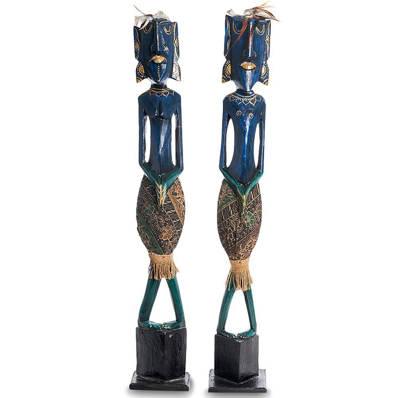 Комплект из 2-х деревянных статуэток Asmat Tall Statuettes Blue Green Синий Зеленый Мульти Комплект из 2-х деревянных статуэток Asmat Tall Statuettes Blue Green Синий Зеленый Мульти в Челябинске | Loft Concept