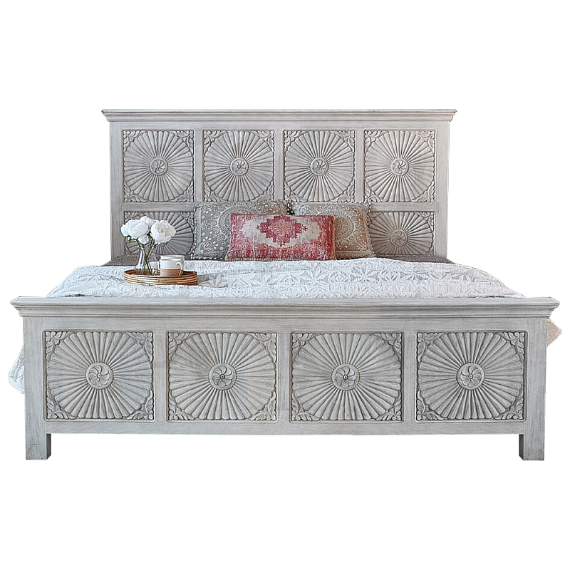 Двуспальная кровать из массива манго с резьбой Olan Grey Mango Bed Светло-бежевый в Челябинске | Loft Concept 