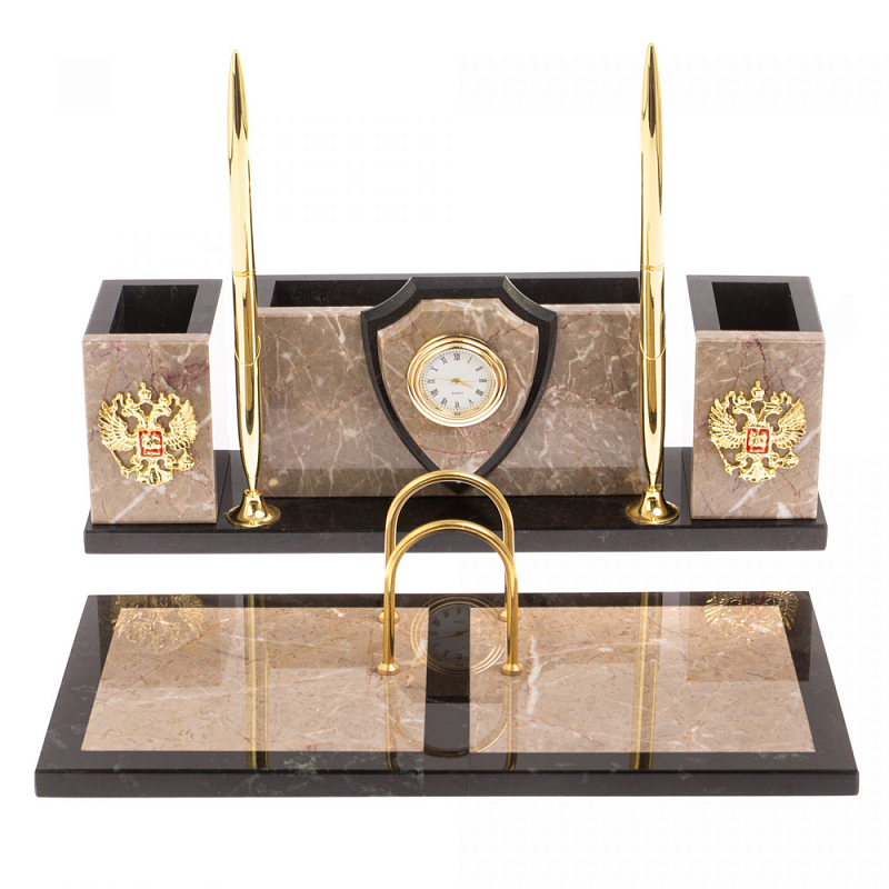 Настольный письменный набор из бежевого мрамора с часами и гербом Marble Accessory Бежевый Черный Золотой в Челябинске | Loft Concept 