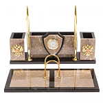 Настольный письменный набор из бежевого мрамора с часами и гербом Marble Accessory варинант исполнения - 1 | Loft Concept в Челябинске