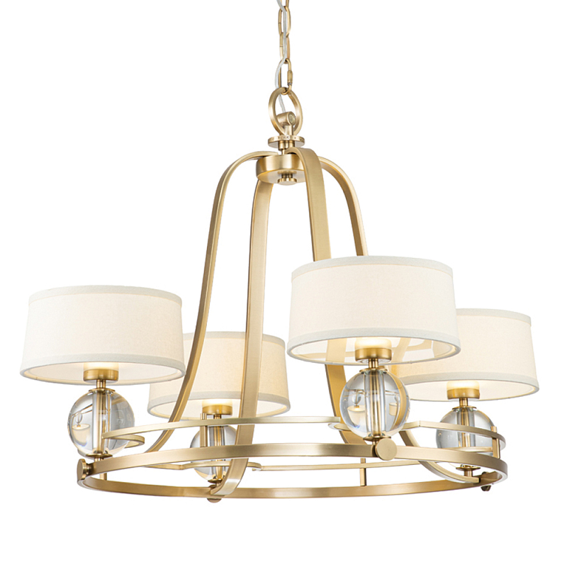 Люстра цвета латунь с 4-мя тканевыми абажурами и стеклянными шарами Quoizel Латунь Прозрачное Стекло Бежевый в Челябинске | Loft Concept 