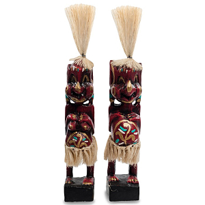 Комплект из 2-х деревянных статуэток Asmat Straw Headdress Statuettes Red Tattoo