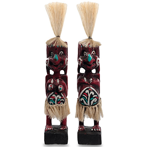 Комплект из 2-х деревянных статуэток Asmat Straw Headdress Statuettes Red Turquoise