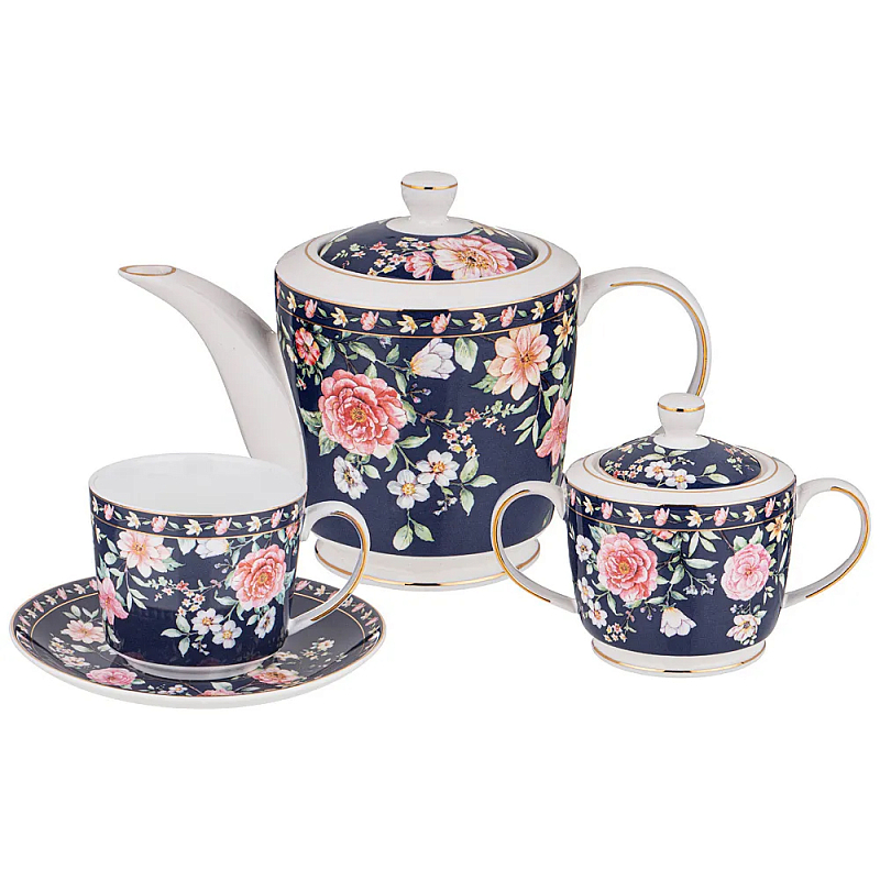 Чайный сервиз из фарфора синий на 6 персон 14 предметов Flower Porcelain Collection Синий Мульти Чайный сервиз из фарфора синий на 6 персон 14 предметов Flower Porcelain Collection Синий Мульти в Челябинске | Loft Concept