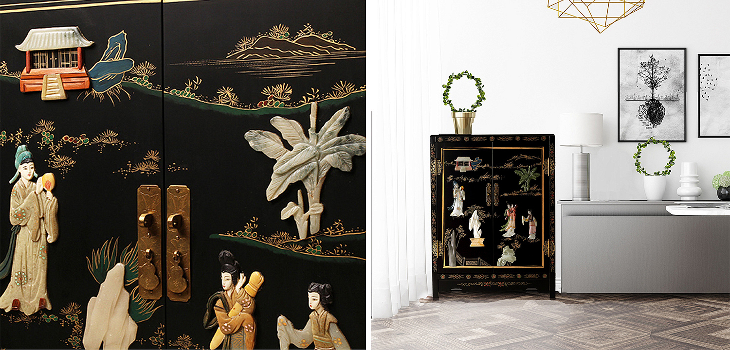 Черный Двухдверный Комод в Китайском стиле с каменным Барельефом Black Chinese Chest of drawers Черный Двухдверный Комод в Китайском стиле с каменным Барельефом Black Chinese Chest of drawers - Loft-Concept в Челябинске
