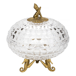 Конфетница прозрачная стеклянная на бронзовых ножках в виде морских коньков с крышкой в виде ракушки Eden Garden