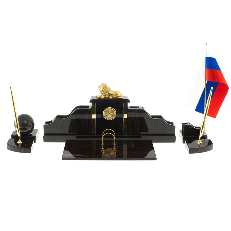 Настольный письменный набор из чёрного обсидиана с декором в виде льва Golden Lion Коричневый Бронза Настольный письменный набор из чёрного обсидиана с декором в виде льва Golden Lion Коричневый Бронза в Челябинске | Loft Concept