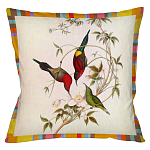Декоративная подушка бежевая в разноцветную полоску с изображением птиц и цветов Blooming Birds Colorful Cushion варинант исполнения - 4 | Loft Concept в Челябинске