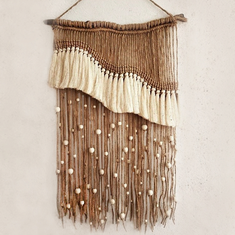 Дизайнерское Панно Дюна Макраме из нитей и бусин Wall Panel Dune Светло-бежевый Коричневый в Челябинске | Loft Concept 