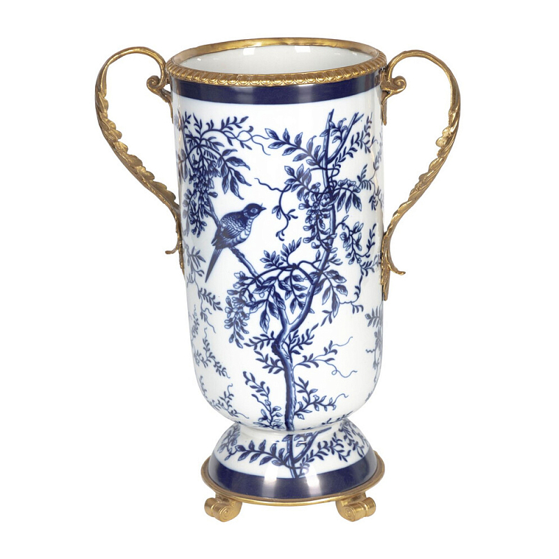 Ваза с бронзовыми ручками и синим цветочным узором Blue & White Ornament Синий Белый Бронза в Челябинске | Loft Concept 