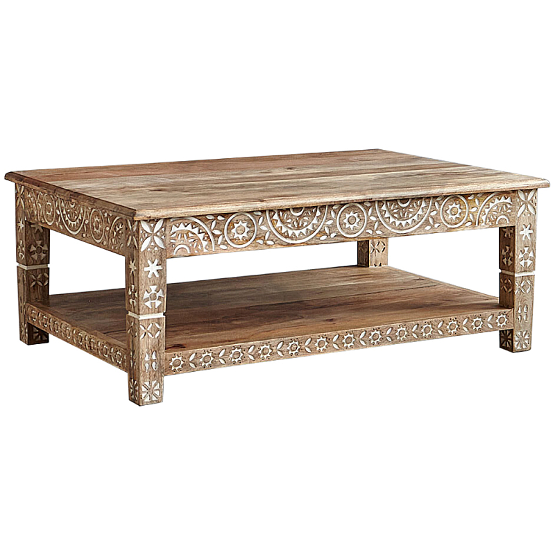 Журнальный стол из массива манго с резьбой Agota Coffee Table Древесина Белый в Челябинске | Loft Concept 