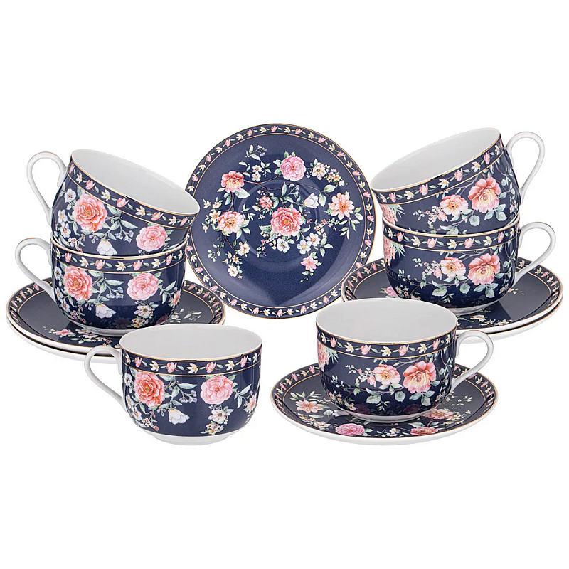 Чайный набор из фарфора синий на 6 персон 12 предметов Flower Porcelain Collection Синий Мульти Чайный набор из фарфора синий на 6 персон 12 предметов Flower Porcelain Collection Синий Мульти в Челябинске | Loft Concept