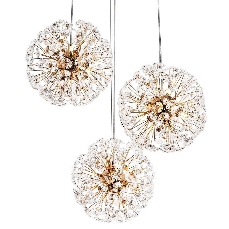 Подвесной светильник с 3-мя плафонами Crystal Dandelions Hanging Lamp Глянцевое золото Прозрачный в Челябинске | Loft Concept 