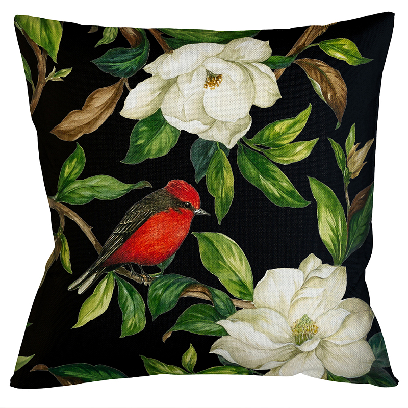 Декоративная подушка чёрная с изображением птиц и цветов Blooming Reds Birds Мульти Черный Декоративная подушка чёрная с изображением птиц и цветов Blooming Reds Birds Мульти Черный в Челябинске | Loft Concept