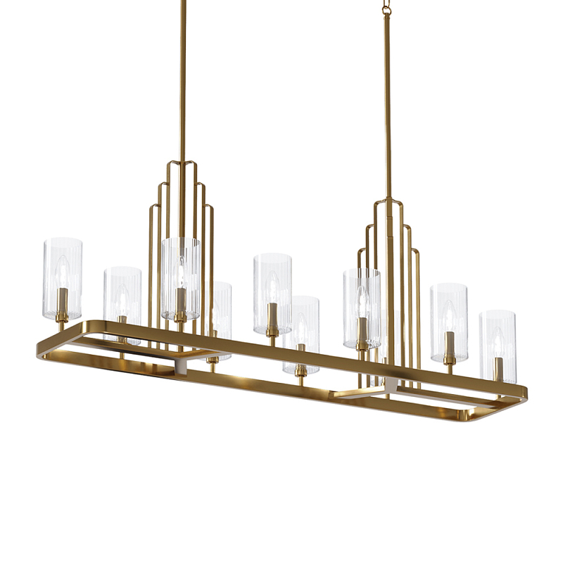 Люстра прямоугольная цвета латунь с прозрачными рифлеными цилиндрическими плафонами Kichler Латунь Прозрачное Стекло Никель в Челябинске | Loft Concept 