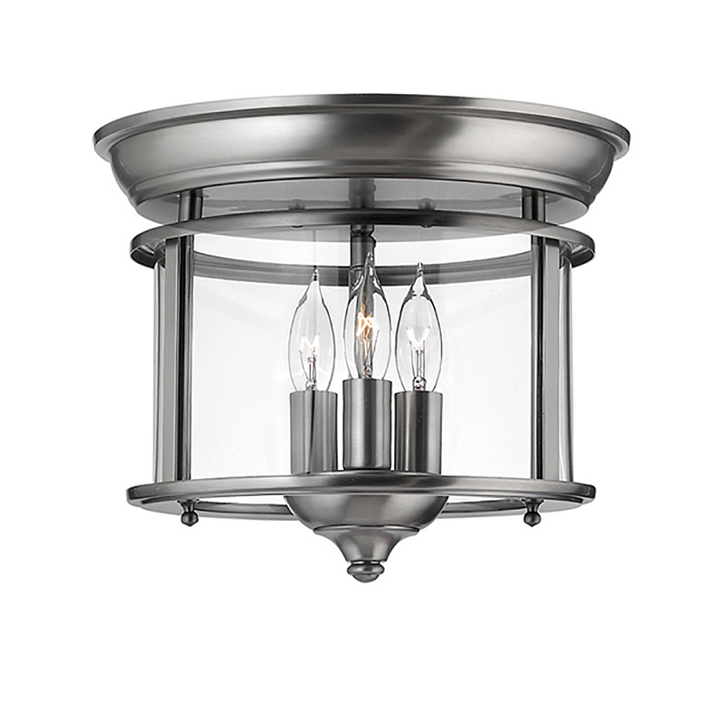 Потолочный светильник в форме фонаря с прозрачным цилиндрическим плафоном и тремя лампами в форме свечей Hinkley Латунь Прозрачное Стекло Олово в Челябинске | Loft Concept 