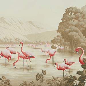 Обои ручная роспись Flamingos Flamingo on Sepia scenic paper