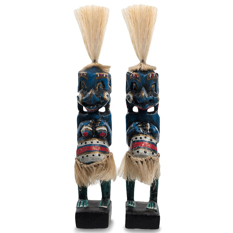 Комплект из 2-х деревянных статуэток Asmat Straw Headdress Statuettes Blue Colorful Tattoo Синий Черный Бежевый Красный Бирюзовый Мульти в Челябинске | Loft Concept 