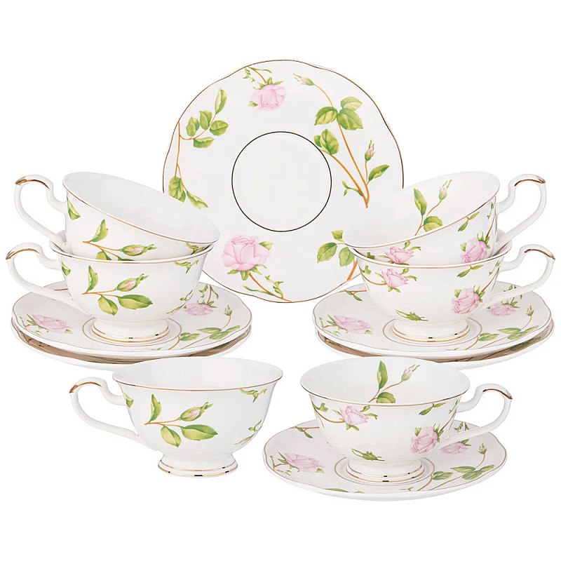 Чайный набор из фарфора белый с цветочным принтом на 6 персон 12 предметов Flower Porcelain Collection Белый Мульти Чайный набор из фарфора белый с цветочным принтом на 6 персон 12 предметов Flower Porcelain Collection Белый Мульти в Челябинске | Loft Concept