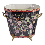 Кашпо из фарфора черная с цветочной росписью и бронзовой стрекозой Spring Garden варинант исполнения - 1 | Loft Concept в Челябинске