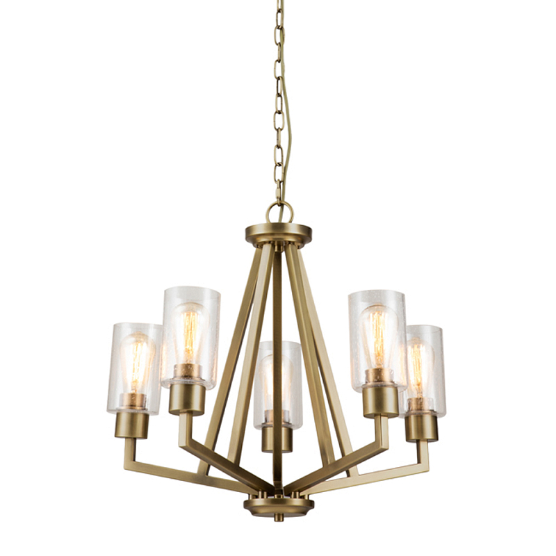 Люстра цвета латунь с 5-ю цилиндрическими плафонами из прозрачного пузырчатого стекла Kichler Латунь Прозрачное Стекло в Челябинске | Loft Concept 