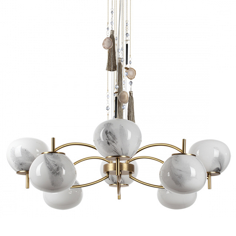 Люстра подвесная с 8-ю шарообразными плафонами из белого стекла с подвесками из камня и кисточками Agatelle Латунь Бежевый Серый Белый в Челябинске | Loft Concept 