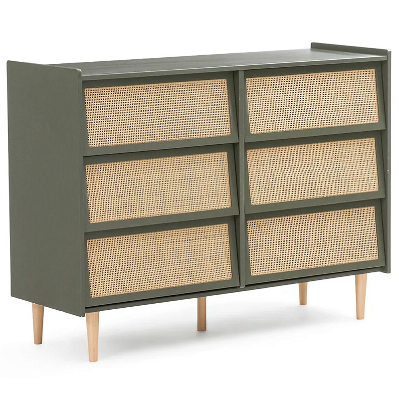 Комод с 6-ю ящиками из плетеного ротанга Remi Green Wicker Furniture Зеленый Древесина Бежевый Комод с 6-ю ящиками из плетеного ротанга Remi Green Wicker Furniture Зеленый Древесина Бежевый в Челябинске | Loft Concept
