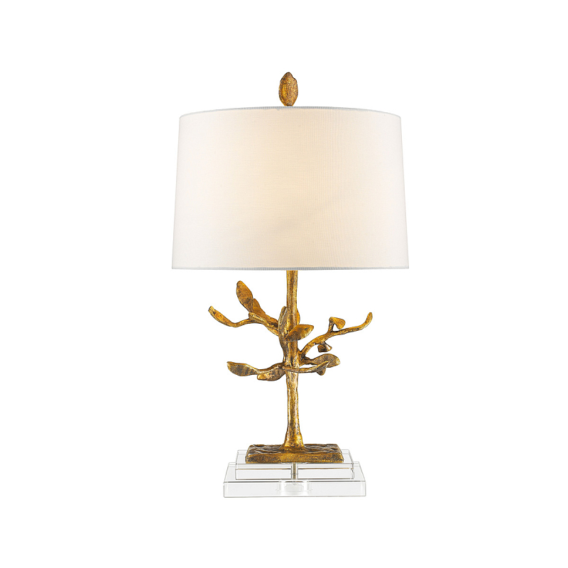 Настольная лампа с кремовым льняным цилиндрическим абажуром и ножкой в форме золотистой ветки Gilded Nola Золотой Белый Бежевый в Челябинске | Loft Concept 